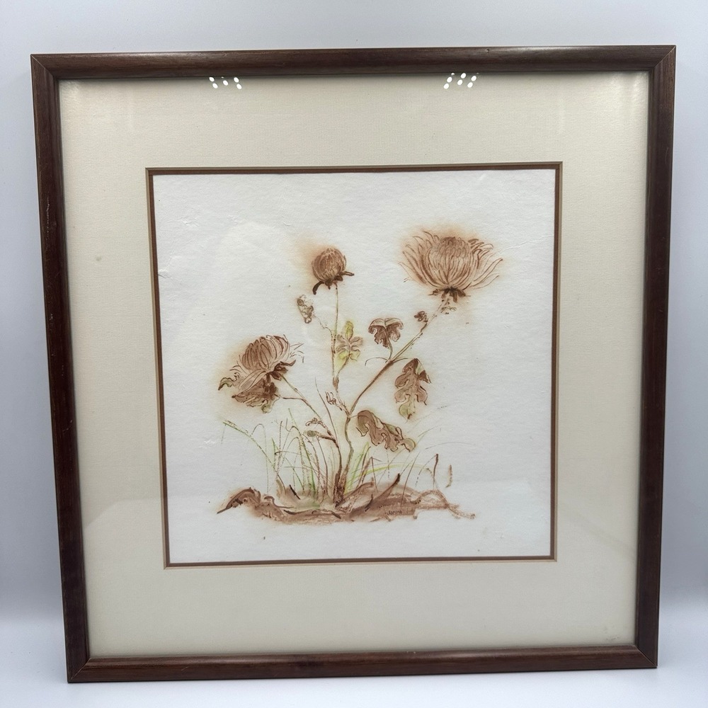 Jannelli Signed Vintage Botanical Wildflower Watercolor Framed Art 15x15